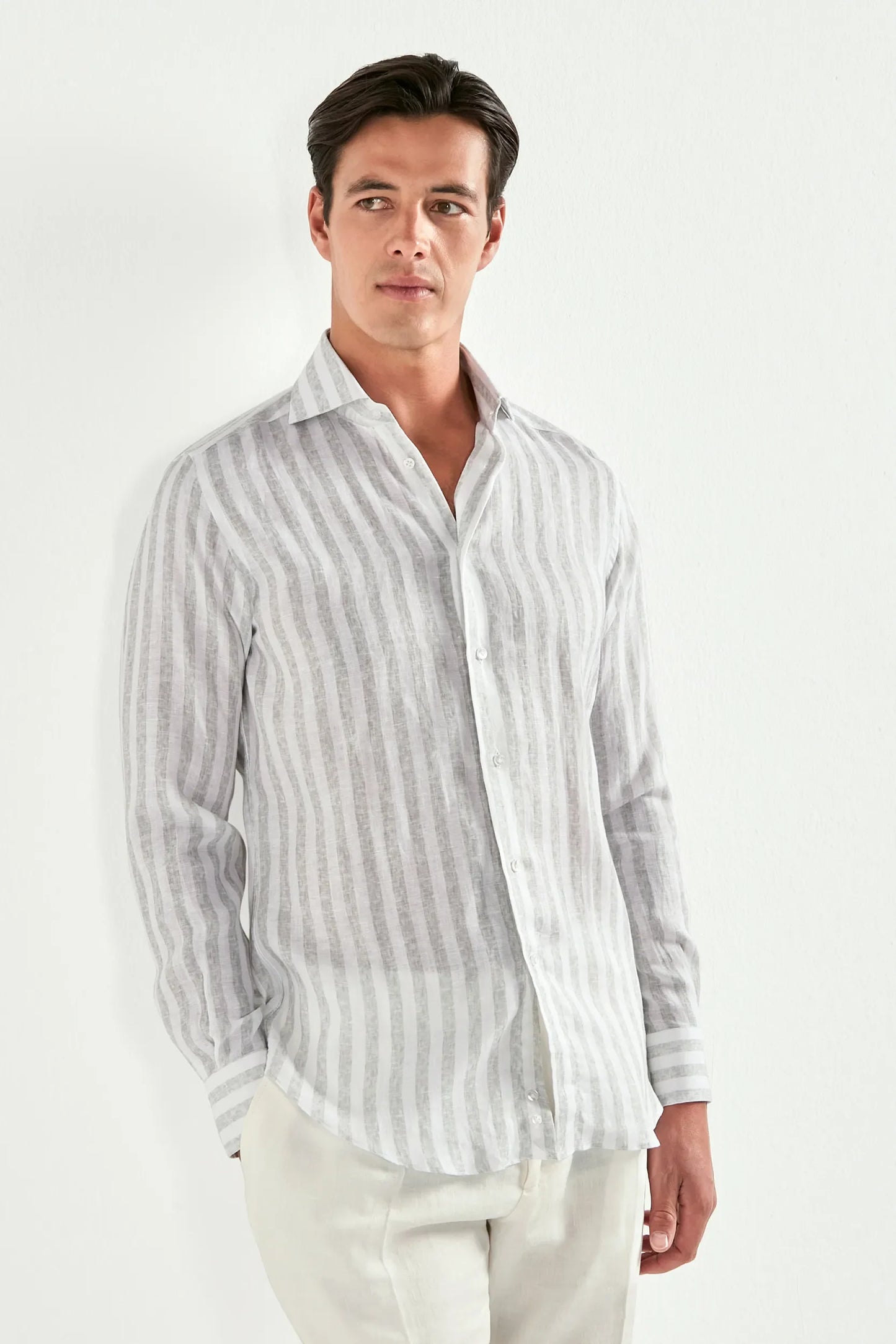Light grey striped linen and tencel shirt - Made in Italy
