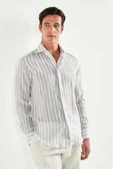 Light grey striped linen and tencel shirt - Made in Italy