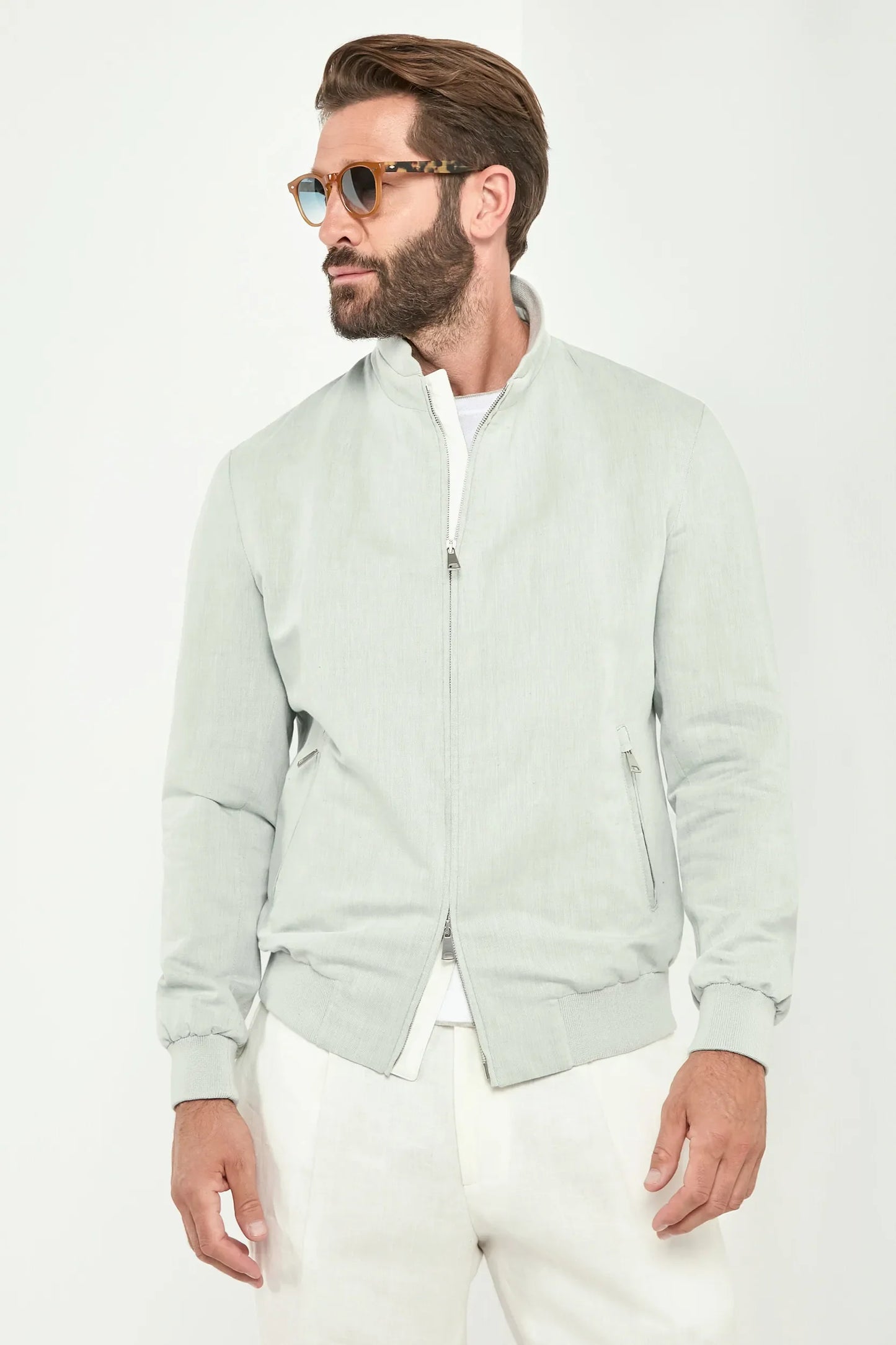 Light sage linen and cotton bomber - Made in Italy