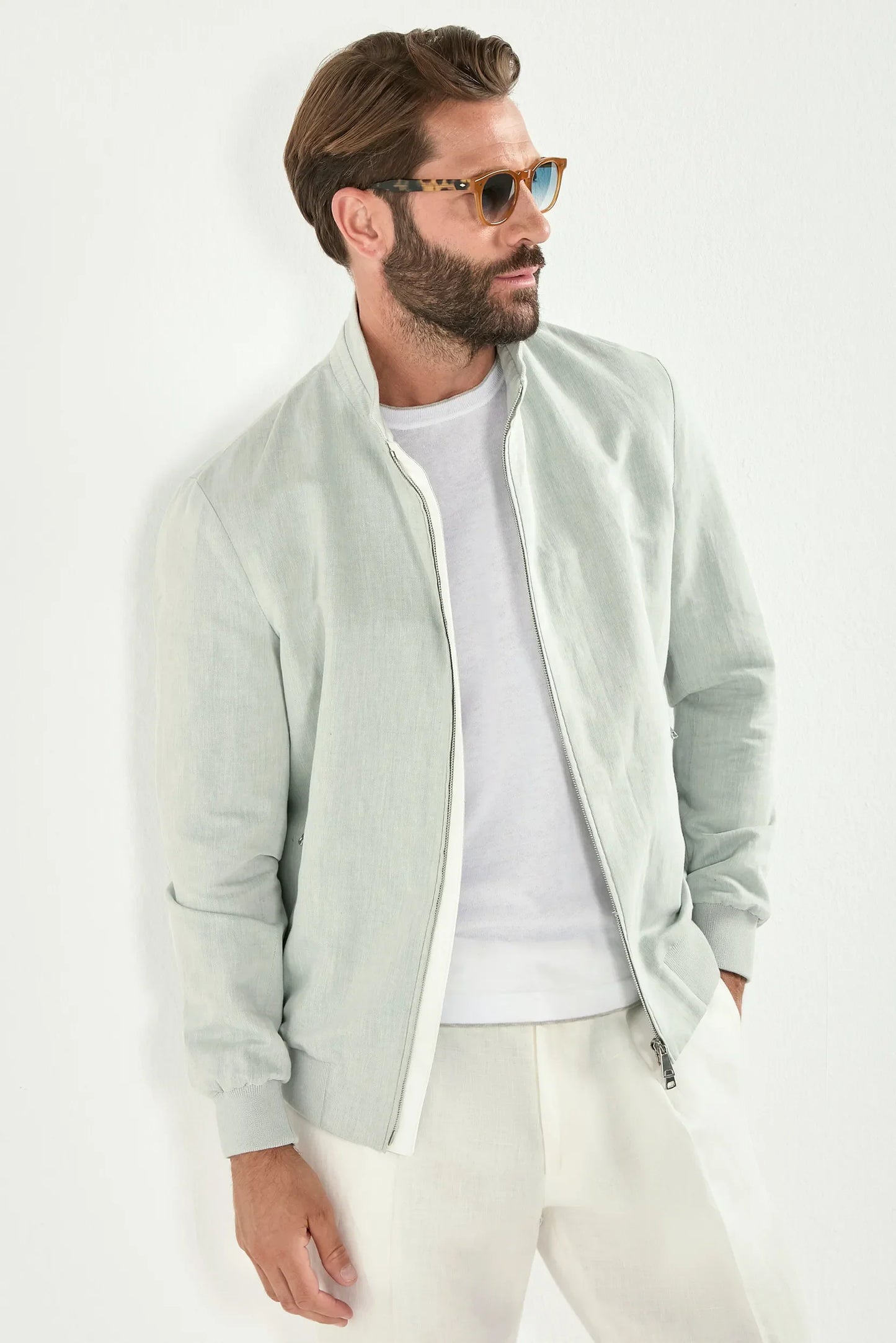 Light sage linen and cotton bomber - Made in Italy