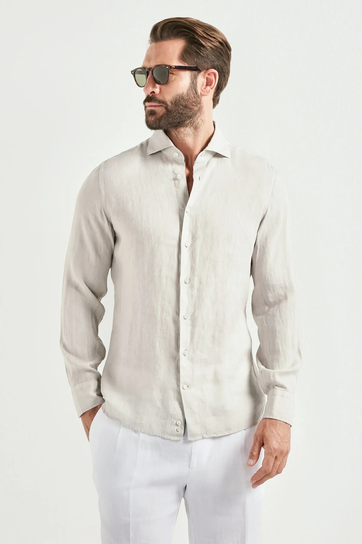 Light stone garment dyed linen shirt - Made in Italy
