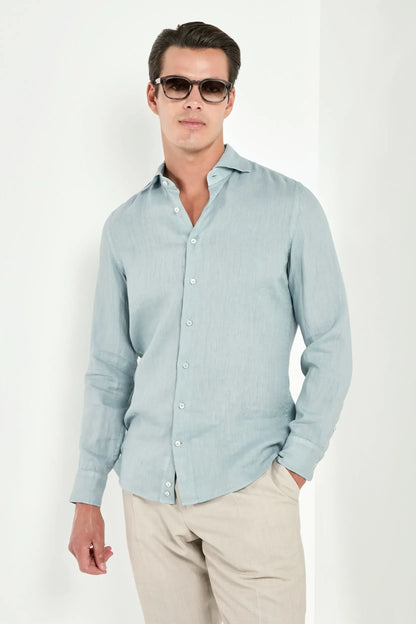 Light teal garment dyed linen shirt - Made in Italy
