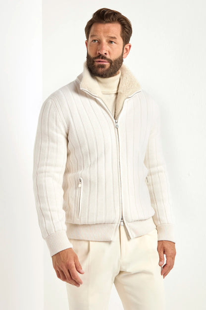 Off-white ribbed cashmere bomber with fur - Made in Italy