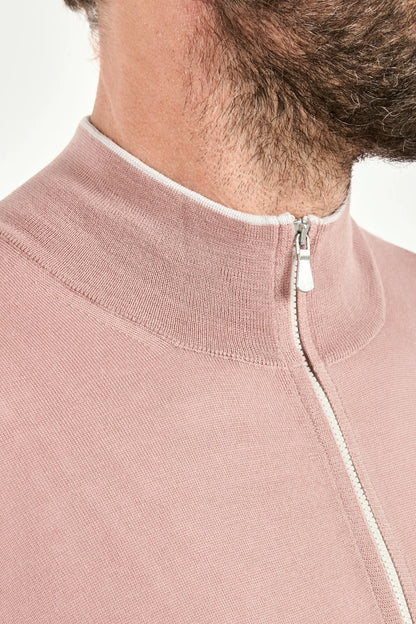 Old rose Tasmanian wool full zip cardigan - Made in Italy