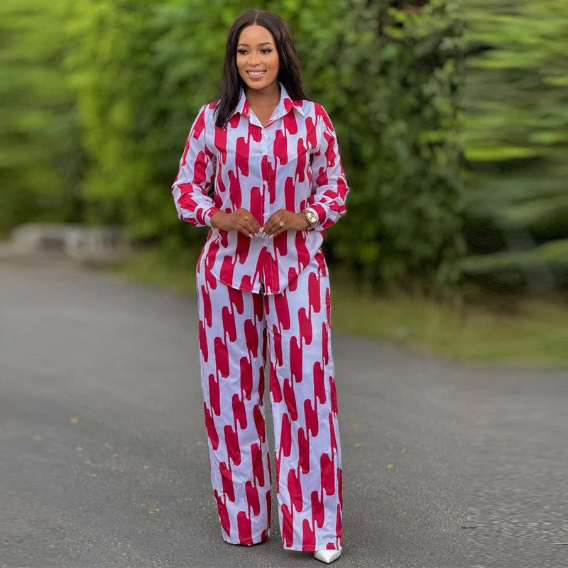 Moda africana feminina conjunto de duas peças listra impresso outono casual botão manga comprida camisa calças perna larga conjunto de duas peças feminino