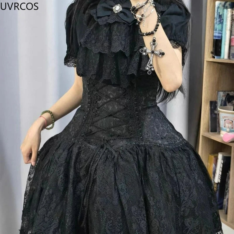 Estilo gótico japonês strass arco saia conjunto feminino doce rendas babados camisas bandagem fina mini saia feminina lolita y2k outfits