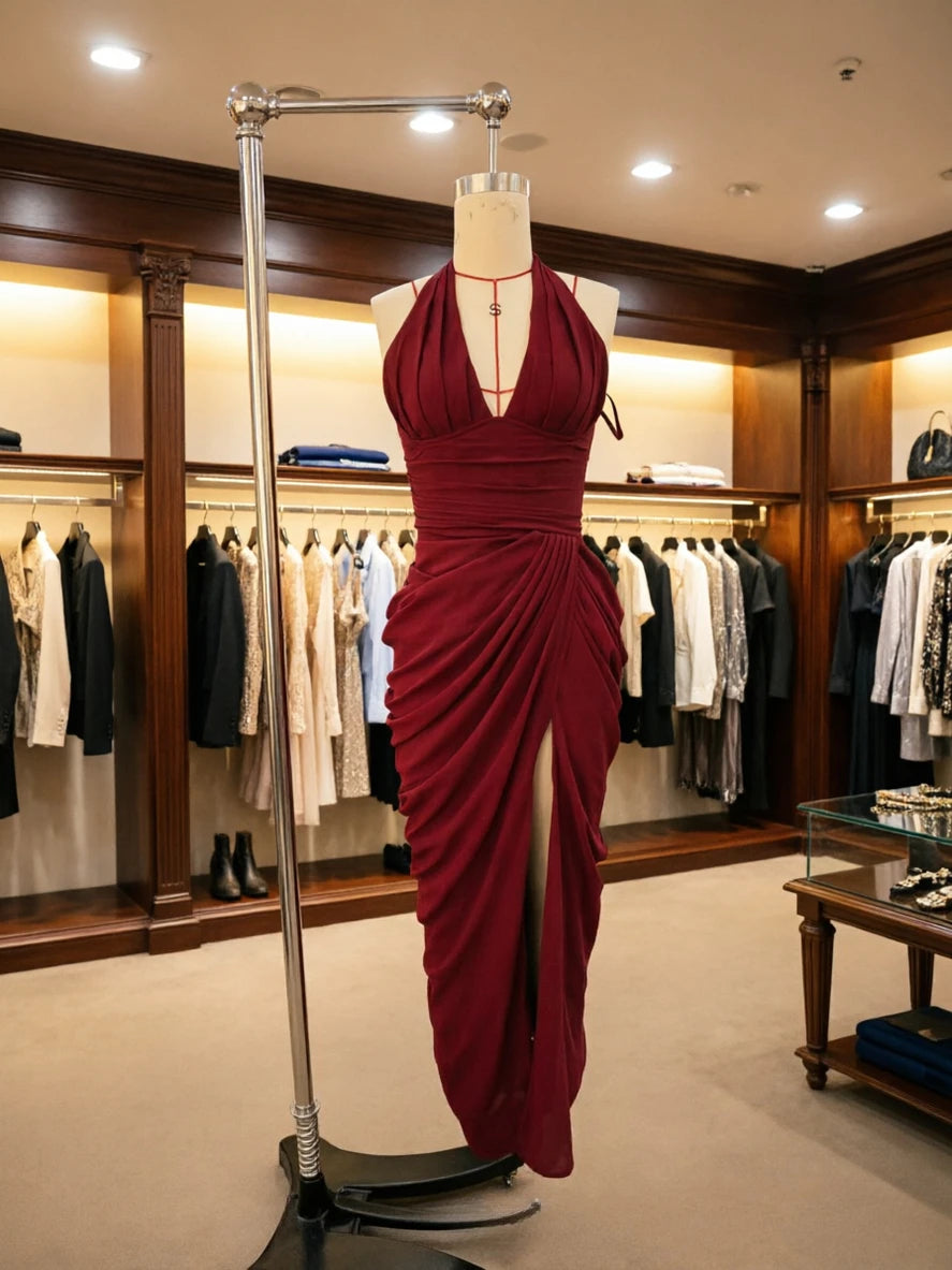 Vestido de Festa Longo Suninheart Sexy com Corset Halter, Malha Bodycon, Fenda Alta e Drapeado – Ideal para Convidadas de Casamento e Eventos