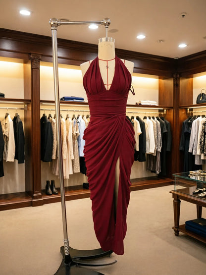 Vestido de Festa Longo Suninheart Sexy com Corset Halter, Malha Bodycon, Fenda Alta e Drapeado – Ideal para Convidadas de Casamento e Eventos