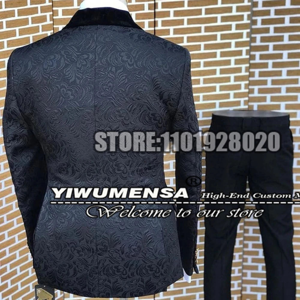 Ternos jacquard pretos para homens, slim fit, lapela repicada, veludo, conjunto de blazer duplo breasted, smoking de casamento personalizado, 3 peças 2025