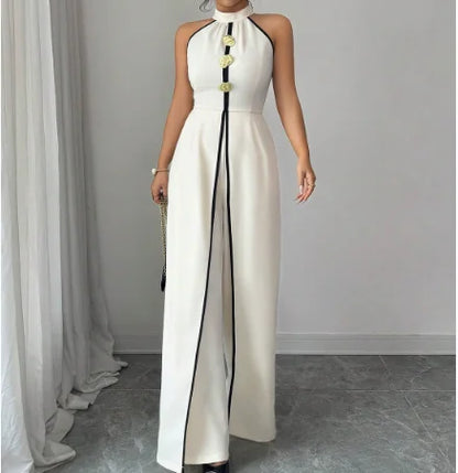 Macacão Feminino 2026 Primavera Verão Nova Moda Cor Sólida Gola Alta Sem Mangas Cintura Alta Casual Perna Larga