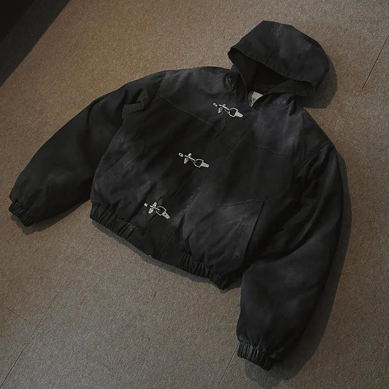 Jaqueta Masculina Americana com Botões de Pressão, Estilo High Street Oversized, Moletom com Capuz Y2K Retrô Harajuku Punk, Roupa Masculina