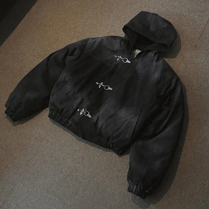 Jaqueta Masculina Americana com Botões de Pressão, Estilo High Street Oversized, Moletom com Capuz Y2K Retrô Harajuku Punk, Roupa Masculina