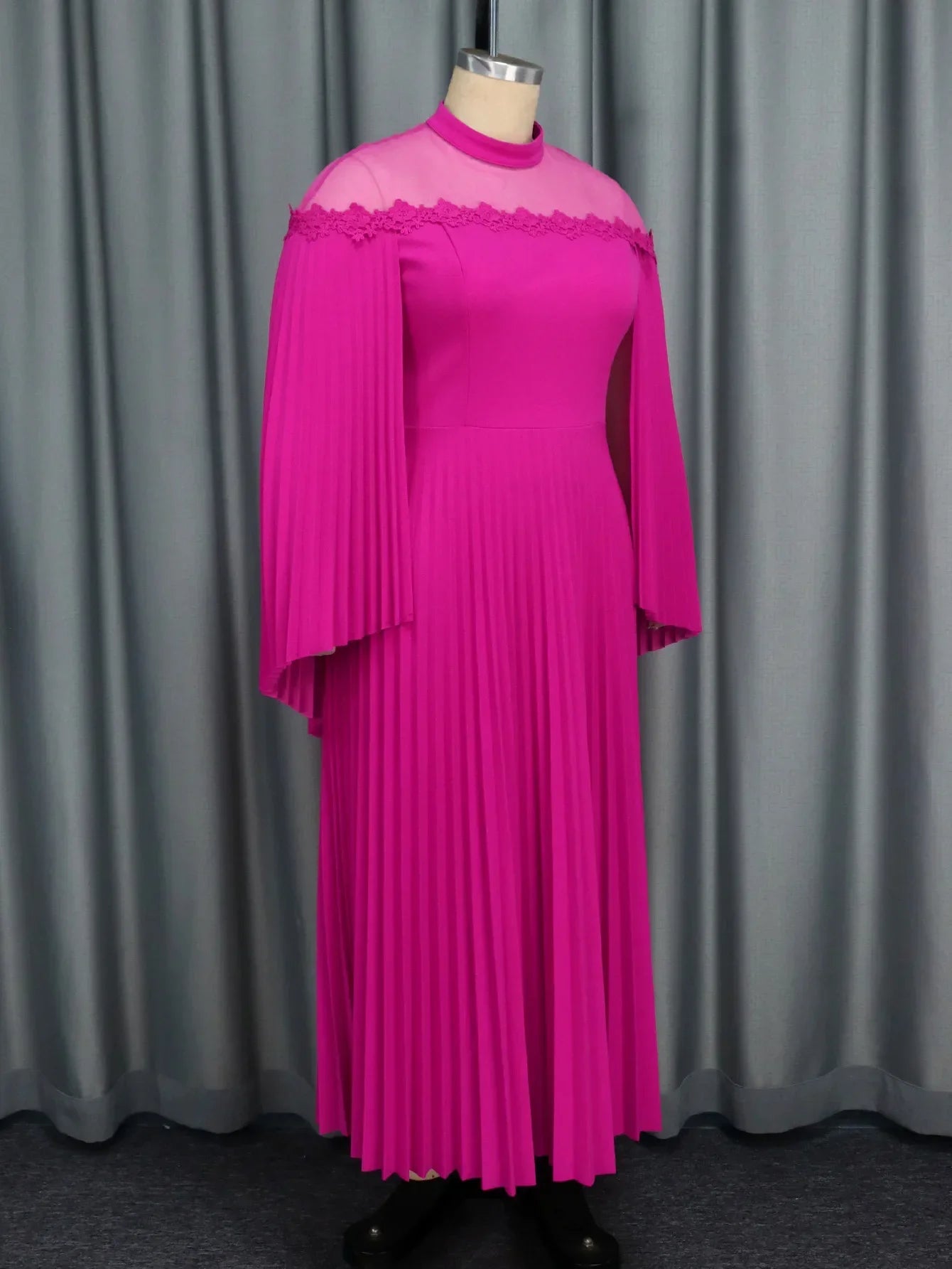 Personality Cape Sleeve See-through Collar Pleated Dress, Women's Spring and Autumn Fashion Solid Color Banquet Dress Vestidos