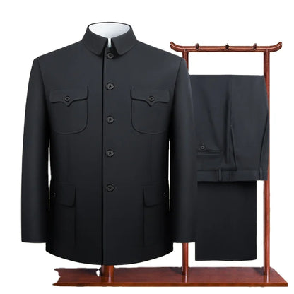 Conjunto de terno túnica chinesa para homens, terno Mao, casaco com calças, conjunto de 2 peças, jaqueta e calças Zhongshan, conjunto Twinset