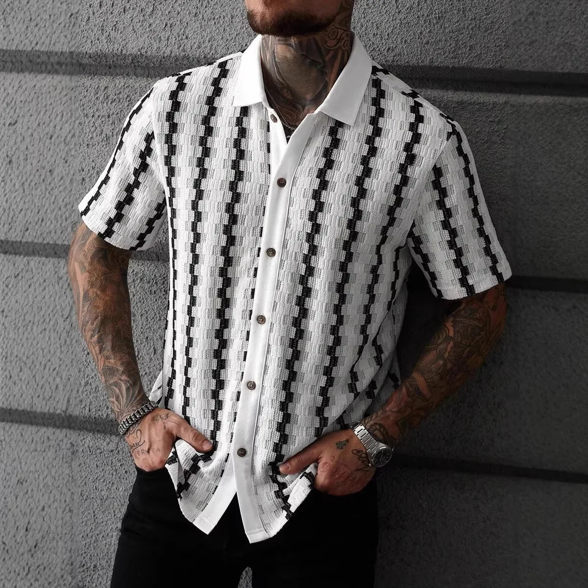 Camisa Clássica de Malha com Listras Xadrez para Homens, Manga Curta, Botão Frontal, Colarinho Tradicional, Estilo Vintage, Ajuste Slim