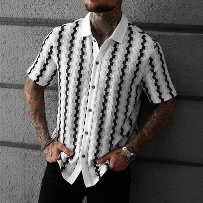 Camisa Clássica de Malha com Listras Xadrez para Homens, Manga Curta, Botão Frontal, Colarinho Tradicional, Estilo Vintage, Ajuste Slim