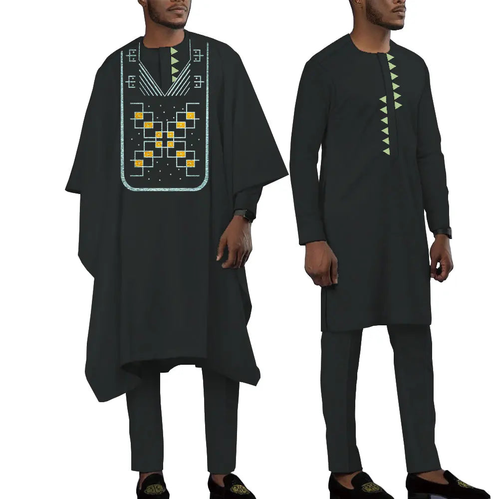 Terno bordado de manga comprida africano masculino, calças e blusões casuais empresariais Dashiki, conjunto de 3 peças, WYN1643
