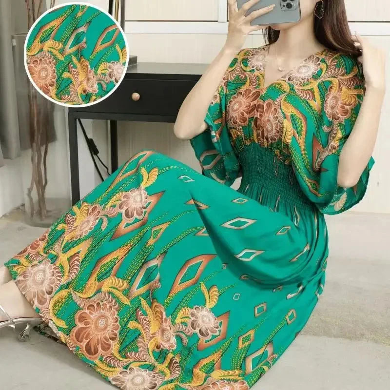 Flor colorida com decote em v elástico jovem boêmio doce midi vestido mulher roupas chique moda vestidos de verão 2025 grande balanço esqui