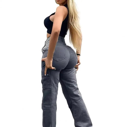 Calças femininas elegantes com botão e zíper, calças cargo de cintura alta com vários bolsos, tecido macio, levantamento de bumbum para mulheres