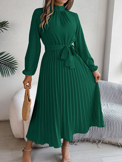 Solid Stand up Collar Bridesmaid Dress Spring Summer Casual Elegant Long Sleeve Waist Cinched Pleated Long Dresses for Women
