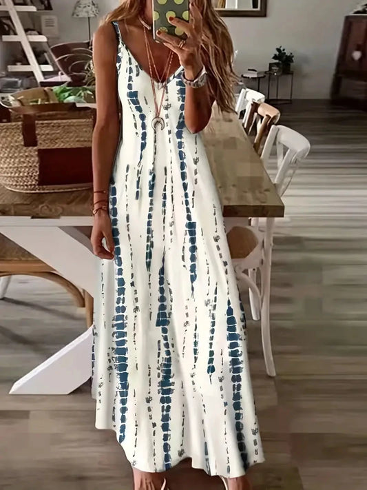 Feminino casual solto com decote em v tie dye impresso espaguete maxi vestido verão praia férias vestido longo