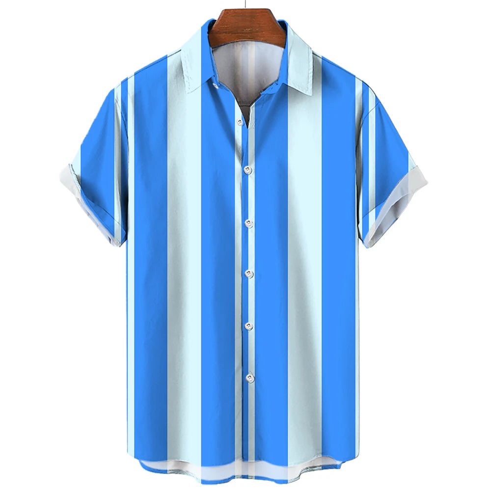 Camiseta listrada de manga curta com botão havaiano masculina, blusa xadrez, roupa de praia vermelha, camisa preta e branca, roupas masculinas, verão