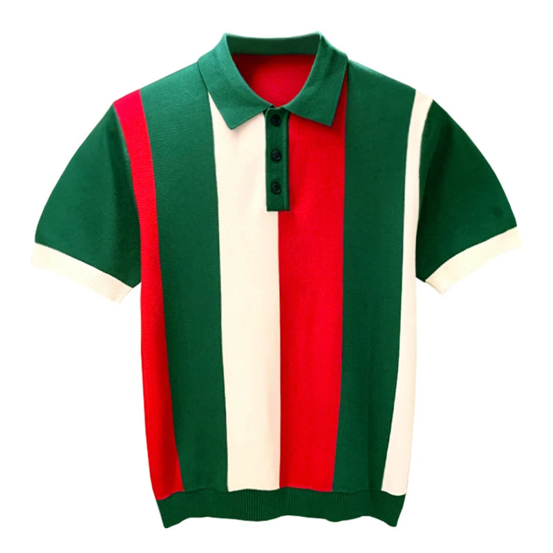 Camisa polo de retalhos listrado masculino, tops de malha casual, camiseta de manga curta, moda verão, nova, 2022, Z18