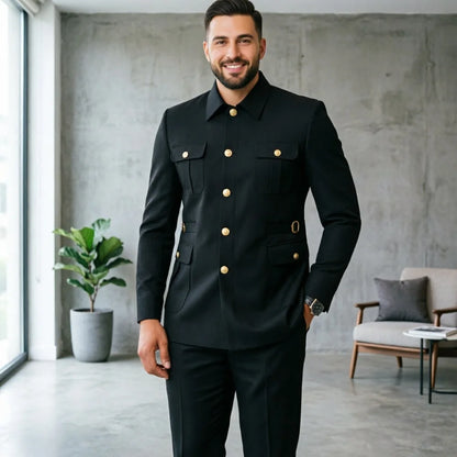 Ternos masculinos pretos, estilo clássico britânico, com botões roxos e dourados, terno safari sob medida, blazer formal para negócios, banquetes, bailes e eventos.