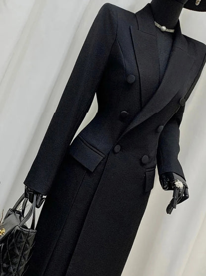 Casaco Blazer Longo Preto Ajustado Lautaro para Primavera/Outono, Elegante, Luxuoso e Chique, com Abotoamento Duplo, Estilo Europeu.