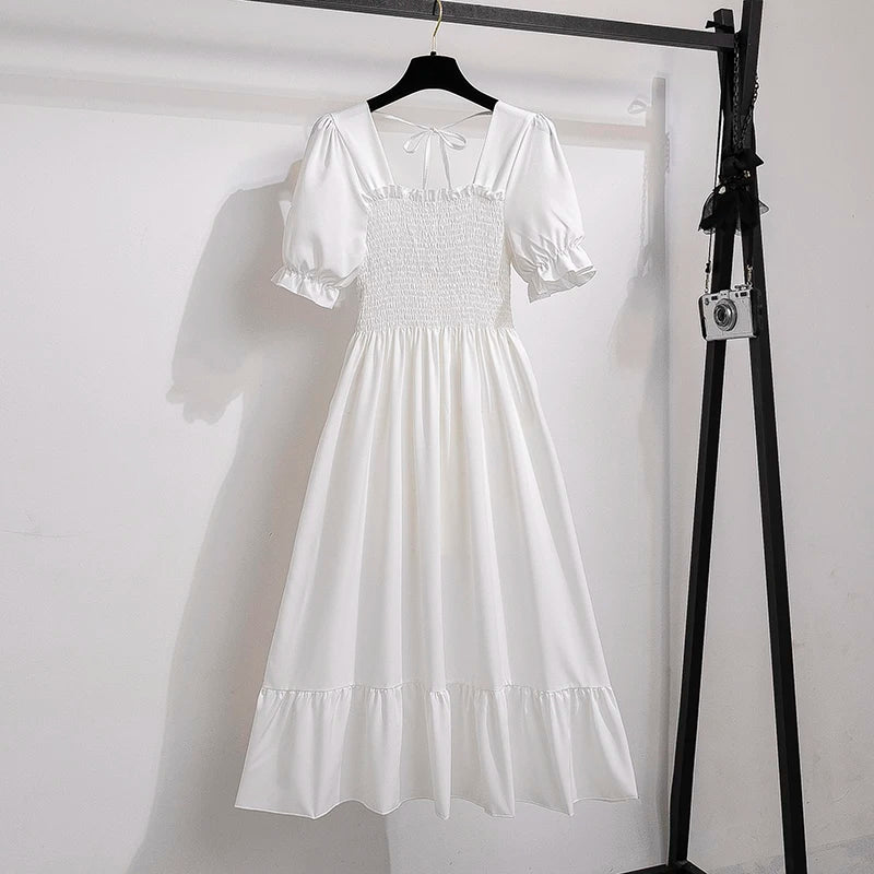 Verão plissado mulheres vestidos de chiffon casual praia férias manga curta gola quadrada mulher midi vestido boêmio mujer vestidos