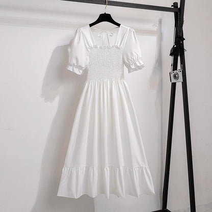 Verão plissado mulheres vestidos de chiffon casual praia férias manga curta gola quadrada mulher midi vestido boêmio mujer vestidos