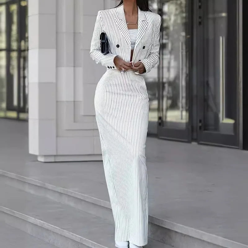Primavera verão 2024 novo listrado fino ajuste terno moda feminina duplo breasted turn-down colarinho blazer cintura alta fenda saia terno