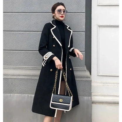 Casaco feminino longo branco de lã, estilo britânico Hepburn, grosso, slim, com abotoamento duplo, novo modelo de roupa de inverno.
