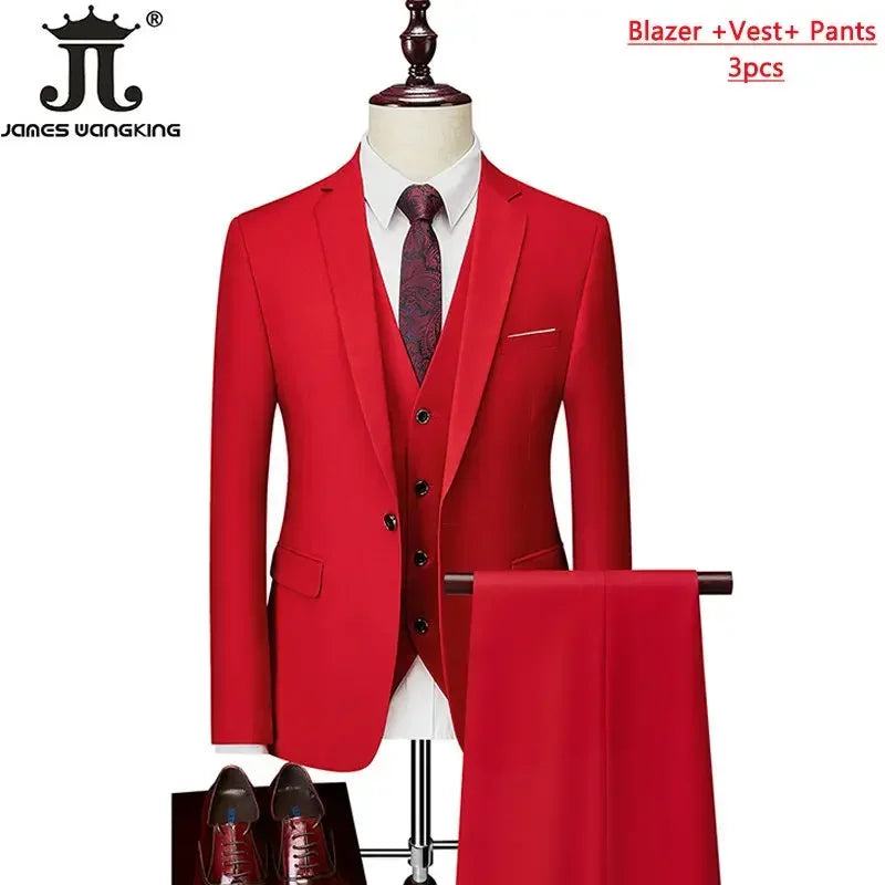 M-6XL 15 Cores (Jaqueta+Colete+Calças) Trajes Formais para Escritório Masculinos Vestido de Casamento para Noivos Vestido de Festa Terno de Cor Sólida