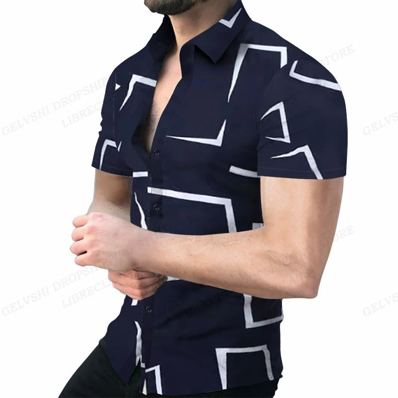 Camisas de praia com estampa geométrica 3D, camisas havaianas de manga curta, blusas masculinas, camisa gráfica, camisa Cuba, roupas masculinas