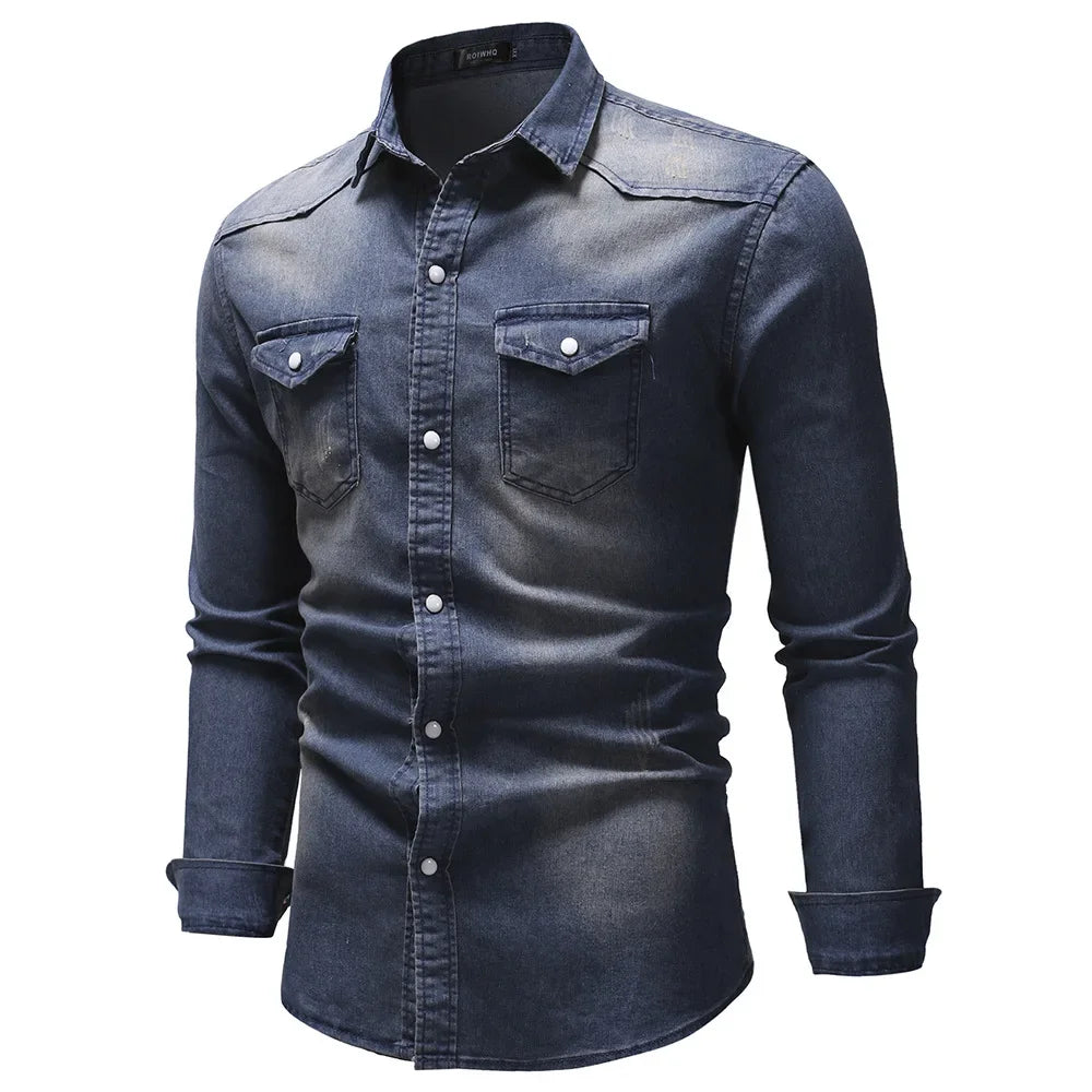 Camisa Jeans Vintage Masculina KIDWHXR com Gola Dobrável, Manga Longa, Slim, Casual, Estilo Cargo, com Botões