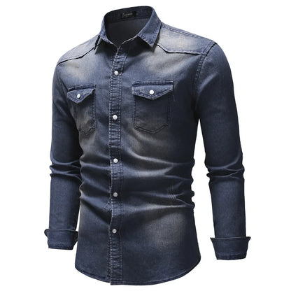 Camisa Jeans Vintage Masculina KIDWHXR com Gola Dobrável, Manga Longa, Slim, Casual, Estilo Cargo, com Botões