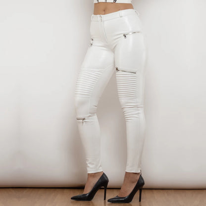 Shascullfites melodia branco calças de couro do plutônio revestimento mulher moda calças finas leggings de couro falso cintura elástica calças femininas