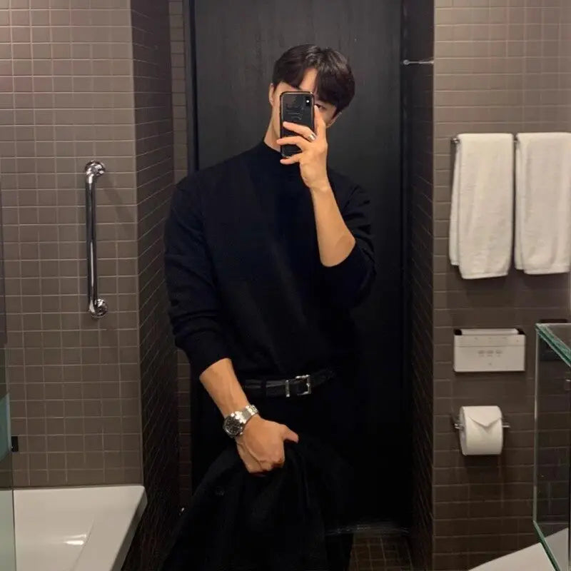 Outono levante-se colarinho camisola masculina fino quente preto malha pulôver masculino coreano casual manga comprida camisola dos homens jumper roupas