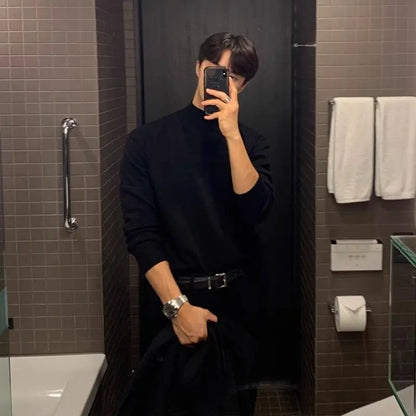 Outono levante-se colarinho camisola masculina fino quente preto malha pulôver masculino coreano casual manga comprida camisola dos homens jumper roupas