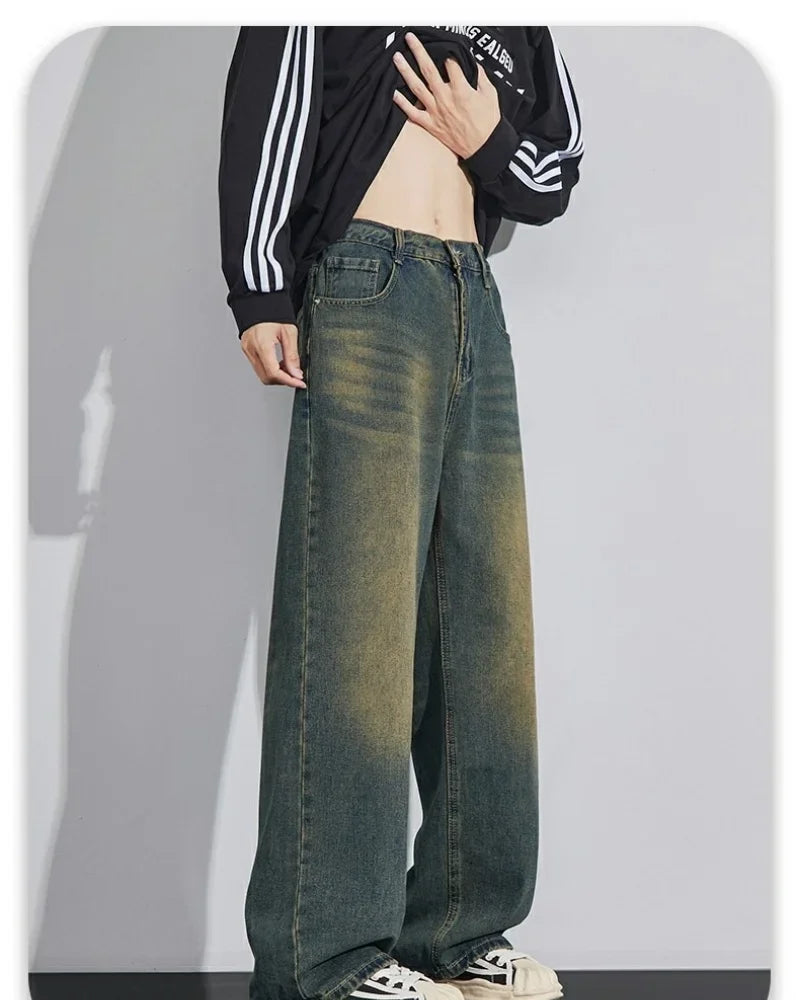 Calças jeans masculinas vintage lavagem perna larga solta jeans casual em linha reta estilo americano rua quatro estações novo 2026