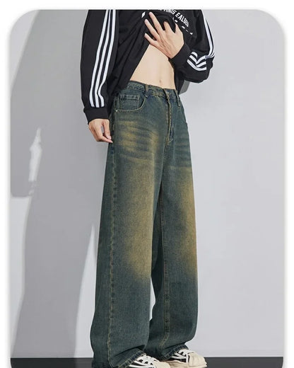 Calças jeans masculinas vintage lavagem perna larga solta jeans casual em linha reta estilo americano rua quatro estações novo 2026