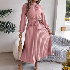 Solid Stand up Collar Bridesmaid Dress Spring Summer Casual Elegant Long Sleeve Waist Cinched Pleated Long Dresses for Women
