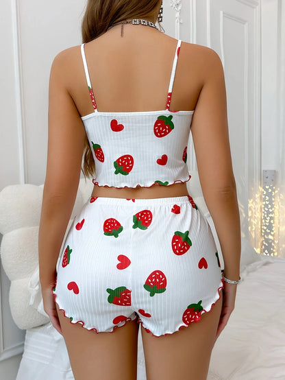 Conjunto de Pijama Feminino 2 Peças com Estampa de Morango de Verão, Roupa de Dormir Casual, Top Cropped com Alças e Shorts, Confortável para Usar em Casa
