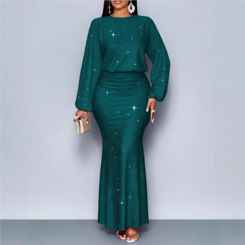Vestido Elegante de Manga Longa com Decote Redondo e Cintura Alta para Mulheres, Vestido de Festa Formal Chic para Noite