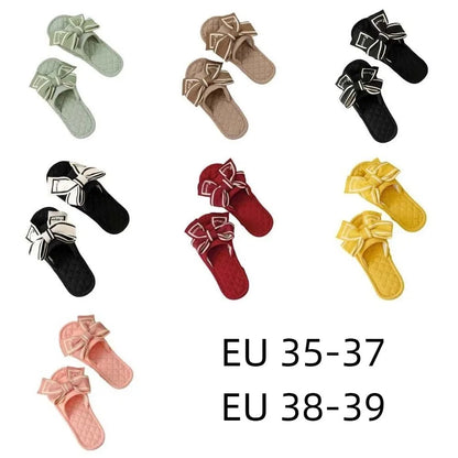 Chinelo de chão com laço Love Bow, plataforma plana e silenciosa, em tecido macio, para uso interno, ideal para mulheres.