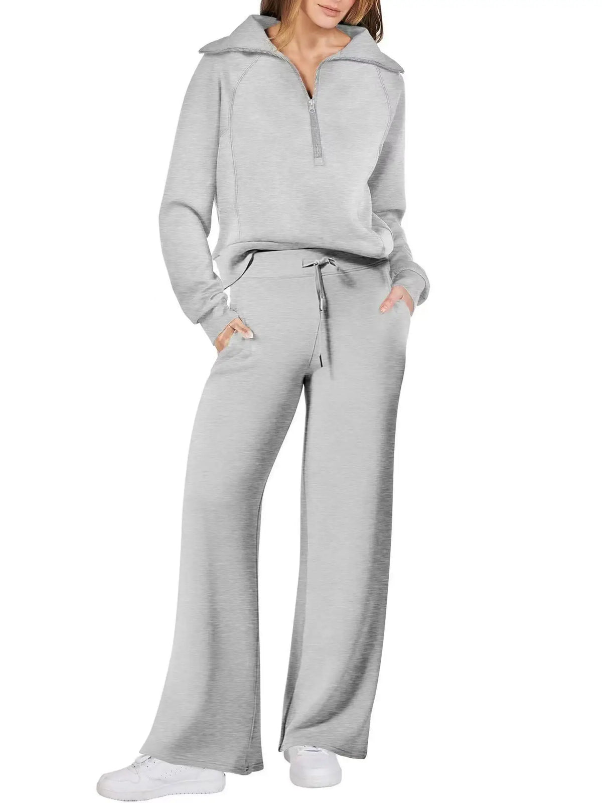 Conjunto de Moletom Feminino de 2 Peças: Blusão Forrado com Fleece Macio e Calça Fluida para Corrida ao Ar Livre e Viagens