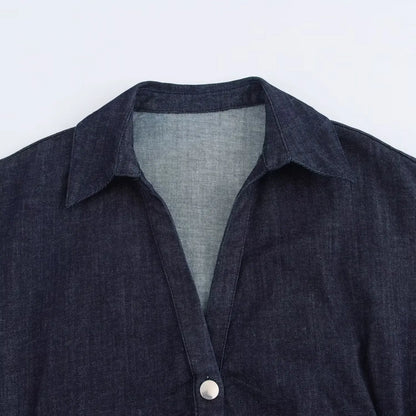 Etj primavera nova série 1975 denim midi vestido com lapela zíper lateral moda rugas cintura magro vestido elegante