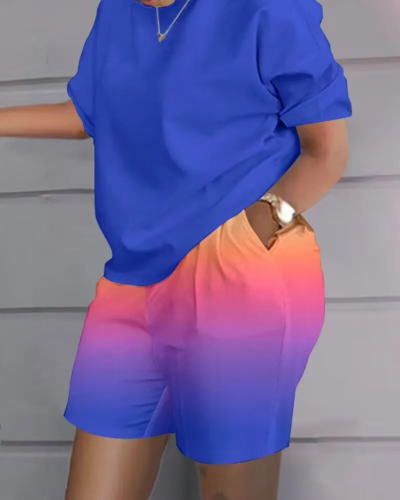 Conjunto de 2 peças de manga curta para mulheres, roupa casual, terno de bolso com estampa gradiente, camiseta feminina e shorts, verão, 2022