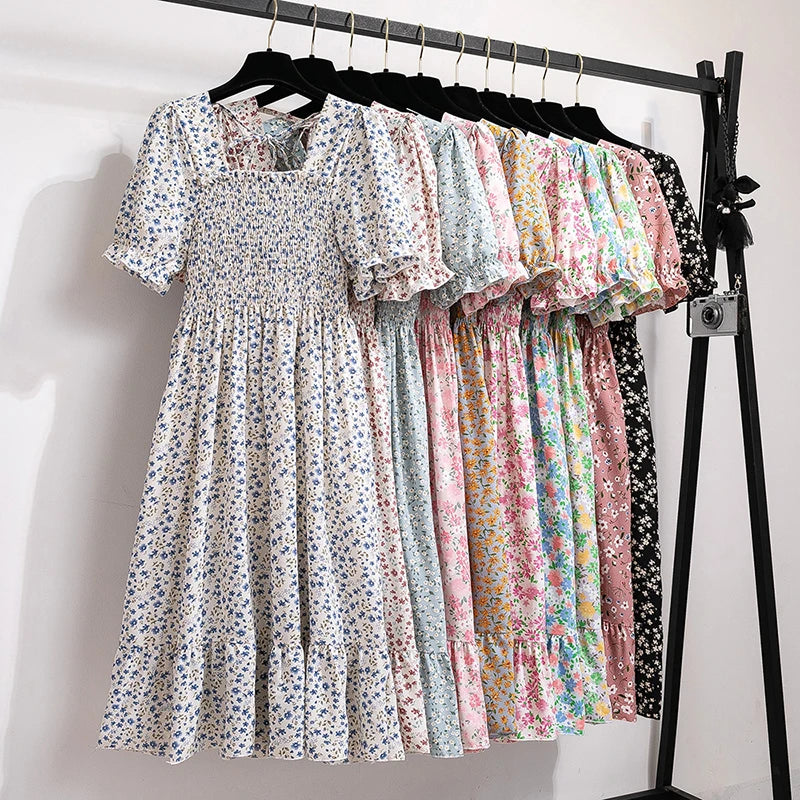 Verão plissado mulheres vestidos de chiffon casual praia férias manga curta gola quadrada mulher midi vestido boêmio mujer vestidos